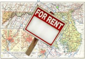 For Rent sign over a Maryland, Delaware, and District of Columbia map