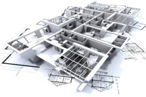 3D rendered model of a house layed on a blueprint